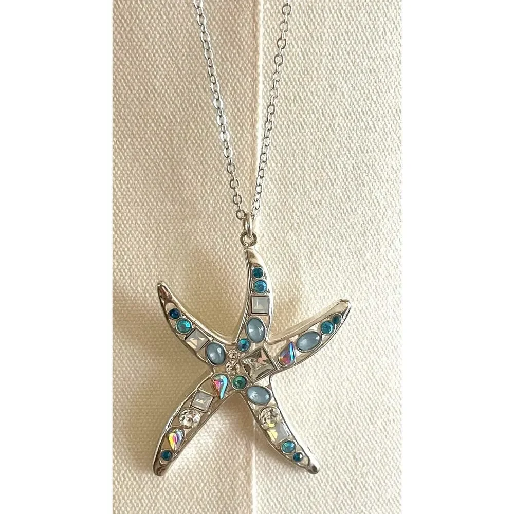Long Silver Tone Necklace with a Starfish Pendant